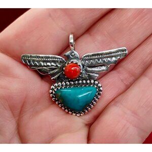 Southwest Sterling Silver Thunderbird Eagle Pendant Turquoise Coral
